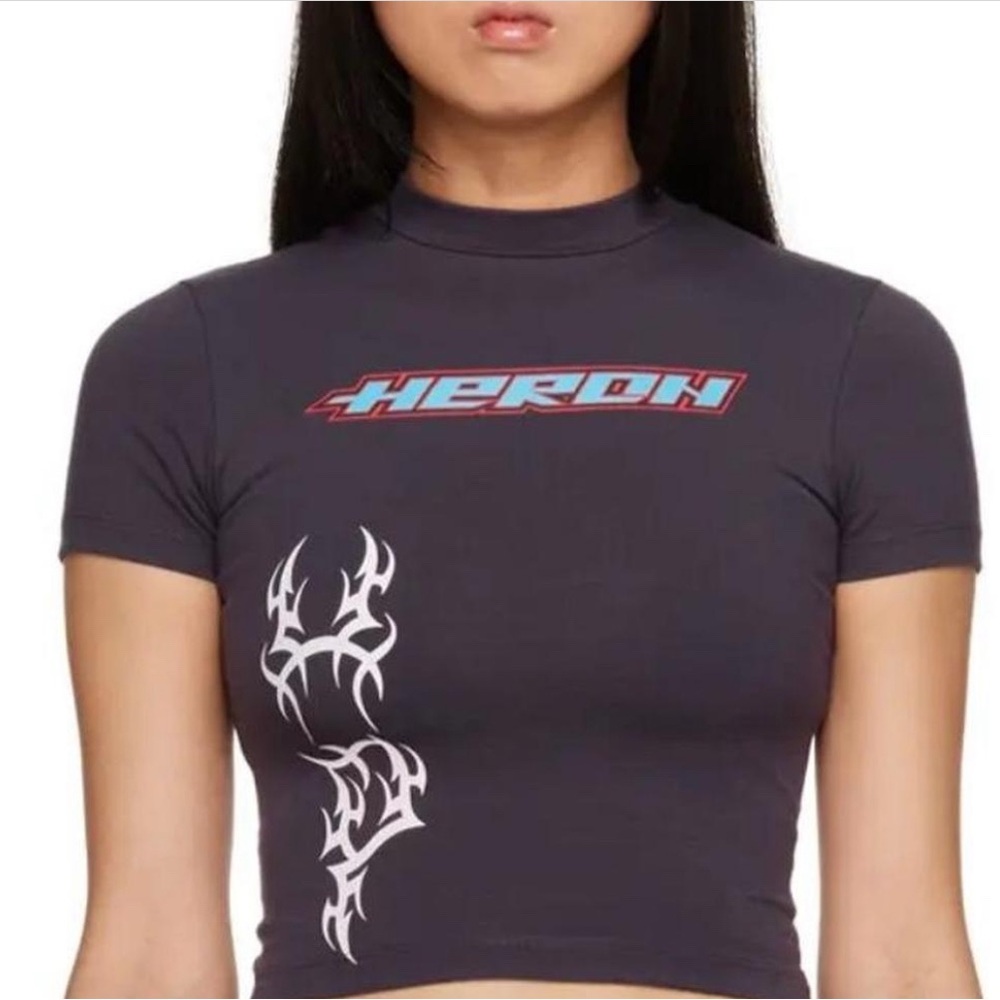 Heron Preston Gray / purple Fitted Crop T-Shirt with Tribal Design